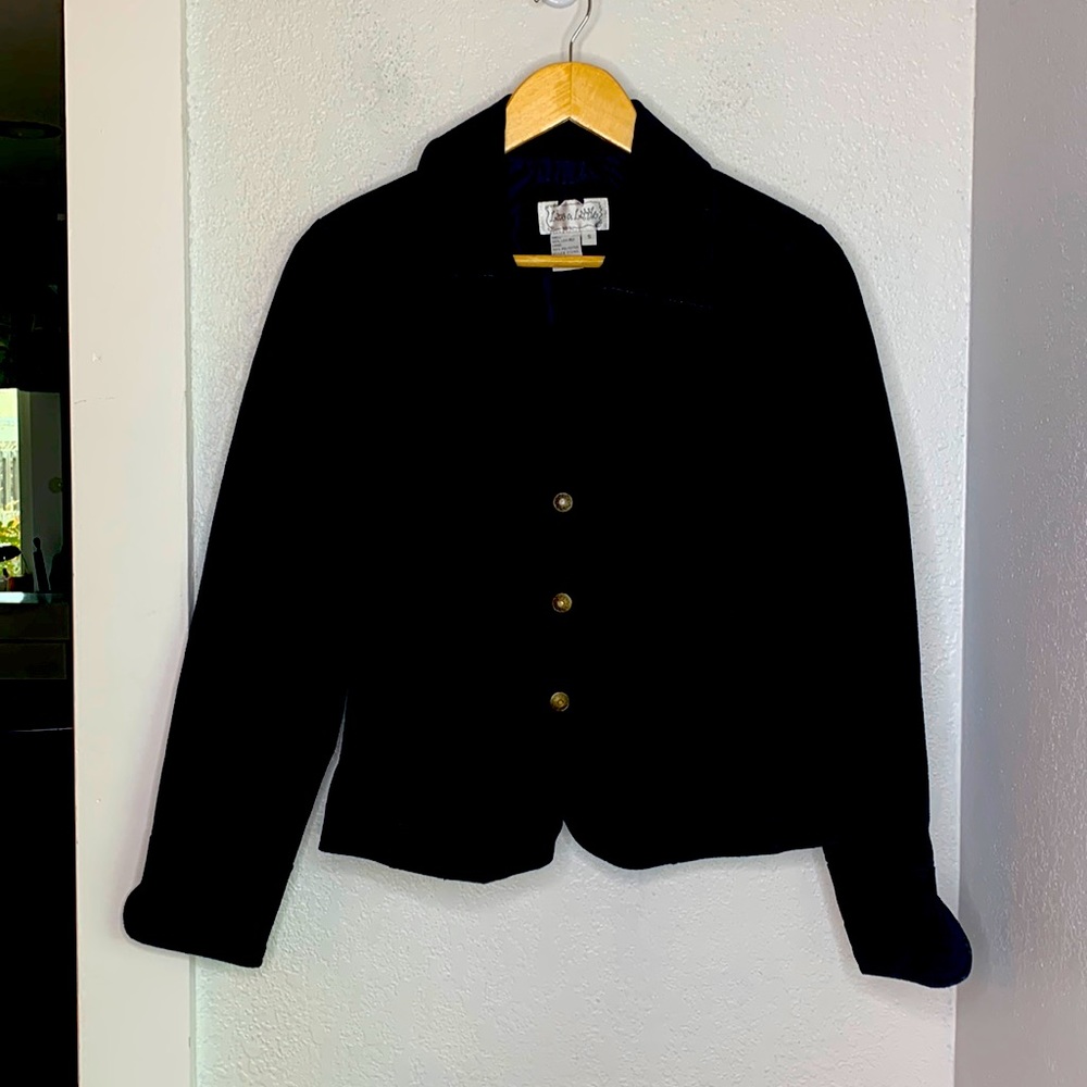 Live a Little black leather lined jacket blazer brass tone snap closure pockets